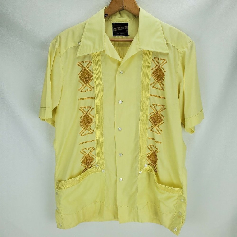 Vintage Guayabera Camp Rockabilly Shirt Yellow with Gold Embroidery Men's 38